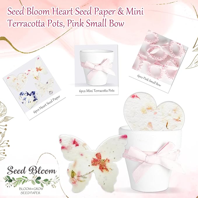 Set of 6 Seed Paper – 6 Pink Butterflies & 6 White Pots with Bow for Weddings & Life Events