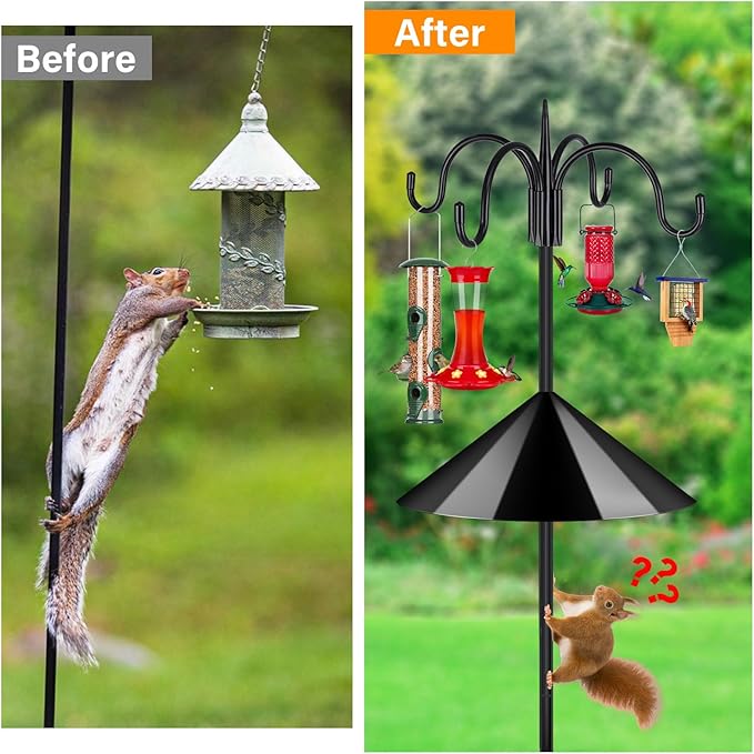 FEED GARDEN 92 Inch Adjustable Shepherd Hooks with Squirrel Baffles Heavy Duty Garden Hooks 5-Prong Base Bird Feeder Pole with Four Hooks for Hanging Plant Baskets Solar Lights Lanterns