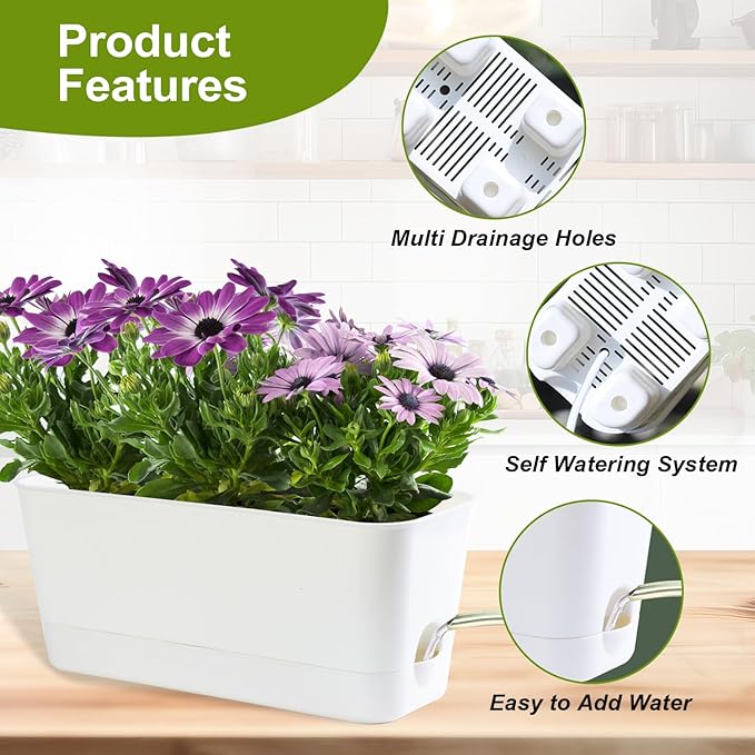 Herb Garden Planter Indoor Kit Self Watering Pots for Indoor/Outdoor Plants 2 Packs Windowsill Plant Pots with Drainage and Tray, Window Pot for Indoor Plants