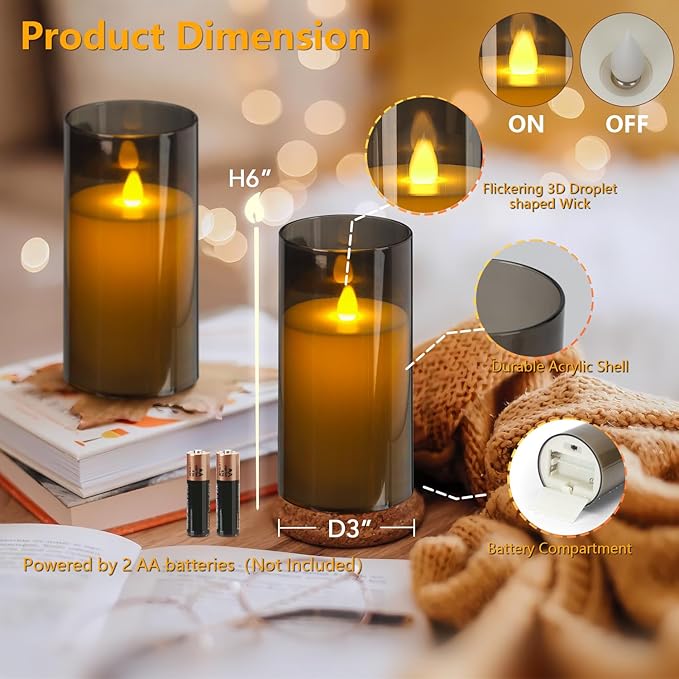 Metaku Flickering Flameless Candles Battery Operated 3D Moving Wick LED Candles with Remote, Set of 2 Grey Acrylic Electric Candles for Christmas Halloween Valentines Wedding Home Decor,D 3"×H 6"