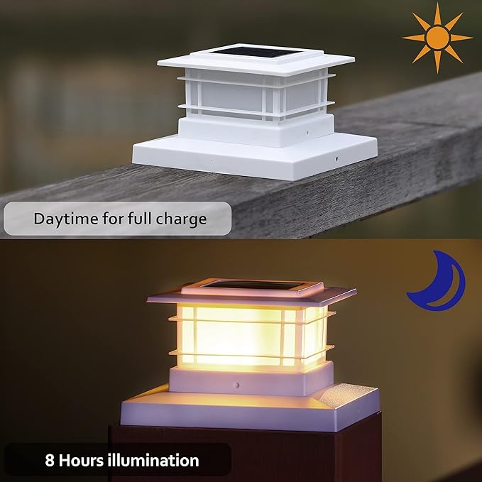 Dynaming 6 Pack Solar Post Lights Outdoor, Solar Powered White Shell Fence Post Cap Lights, High Brightness Warm White LED Lighting for Garden Deck Patio, Fit 4x4, 5x5 or 6x6 Vinyl/Wooden Posts