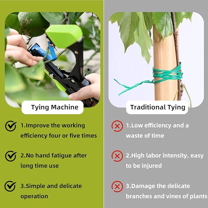 SUCA Plant Tying Machine, Plant Tape Cattle Panels for Garden,Plant Vine Tying Tool with 10000pcs Staples 21 Rolls Tape Plant Tape Gun for Grapes,Tapener (tapetool set1pcs), Green