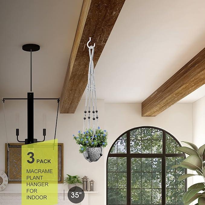 RIFNY Macrame Plant Hanger for 5 to 10 Inch Plant Pots, 35 Inch Indoor Handmade Woven Rope Hanger Kits with Hooks and Wood Beads, Hanging Planter Basket Holder for Boho Home Decor (Grey, 3 Pack)