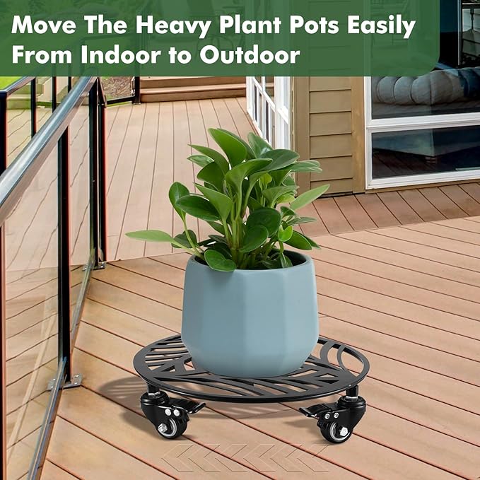 2 Packs Metal Plant Caddy with 3 Wheels 12” Heavy-duty Wrought Iron Rolling Plant Stands with Casters Indoor and Outdoor Plant Pot Roller Base Plant Saucer Movers Black, Strong Load Capacity