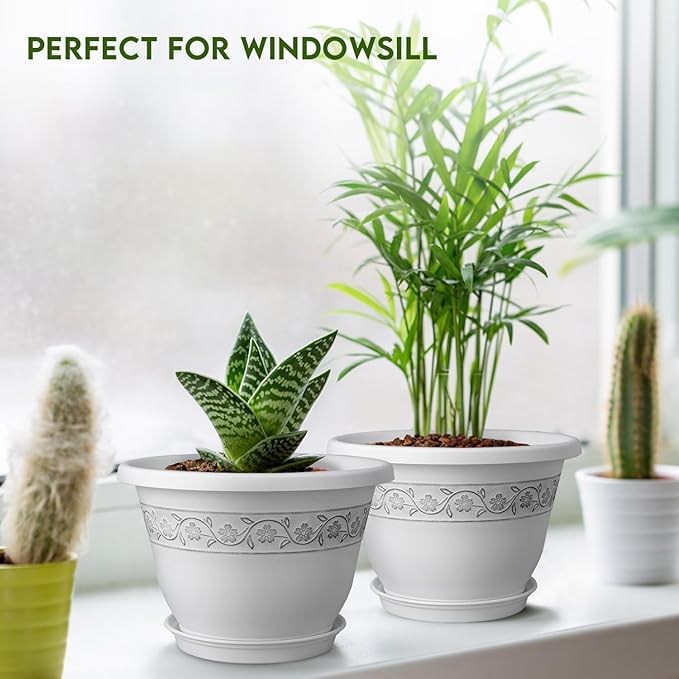 10 Inch Plant Pots with Drainage Hole - Lightweight Flower Pots for Herbs and Flowers - Home Decor Plastic Planters for Indoor Outdoor Plants- Pack of 4 (White, 10 inch)