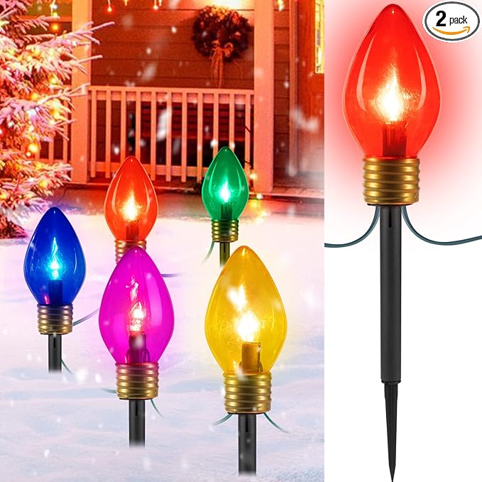 2 Pack Jumbo C9 Christmas Pathway Lights Outdoor Decorations Lawn with Stakes,Tota 17Ft 10 LED String Lights Covered Jumbo Multicolored Walkway Lights Bulb for Holiday Outside Yard Garden Decor