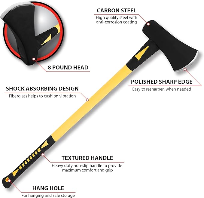 Performance Tool M7111 8-Pound Splitting Maul with Fiberglass Handle, Black/Yellow