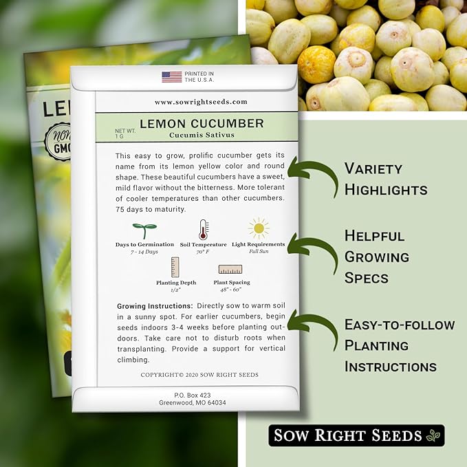 Sow Right Seeds - Lemon Cucumber Seeds for Planting - Non-GMO Heirloom Seeds with Instructions to Plant and Grow a Home Vegetable Garden - Unique Round Variety with Melon Flavor for Outdoors (1)