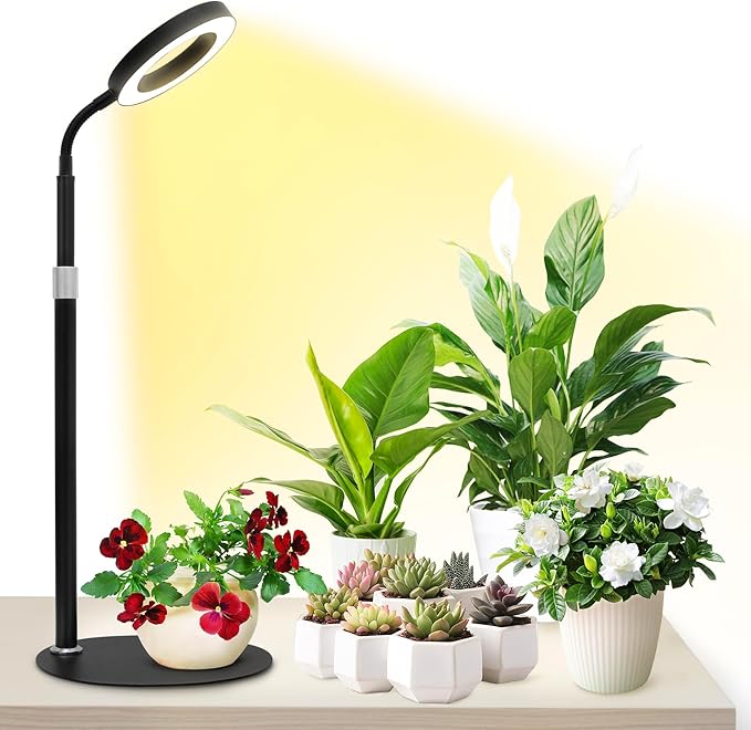 Grow Lights for Indoor Plants, Red Blue Yellow Full Spectrum Desktop Small LED Halo Plant Growing Lamps with Stand,Automatic Timer,24.2 inch Height Adjustable,10 Dimmable Levels,3 Lighting Modes,Black