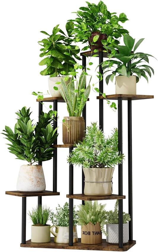 7 Tiered Plant Stand Indoor Corner Plant Shelf for Multiple Plants for Patio Garden Balcony Living Room Bedroom, Tall Metal Flower Pots Stand Relaxing for Women Gift Brown Oak