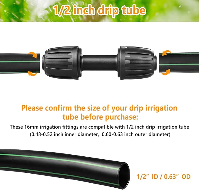 Drip Irrigation Fittings for 1/2 inch Tubing (0.60"-0.63" OD), 12 Pieces Barbed Coupling Drip Parts Locked Coupler Connectors, Drip Line Nuts Connectors for 1/2" Drip Irrigation Hose (13mm ID)