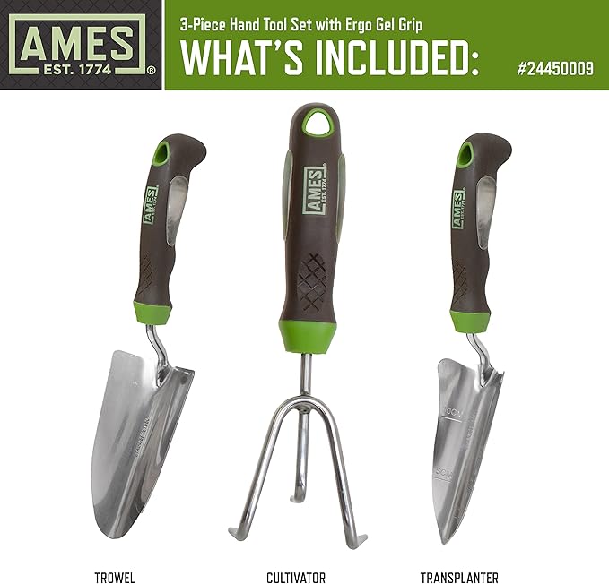 AMES 24450009 3-pc. Ergo Gel Grip Garden Tool Set with Hand Trowel, Transplanter & Cultivator
