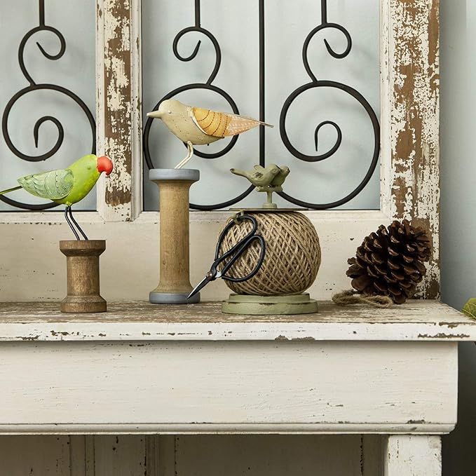 SOFFEE DESIGN Vintage Jute Twine Spool with Scissors Holder Set for Garden Farmhouse Kitchen Antique Twine and Scissors Set Green Birds