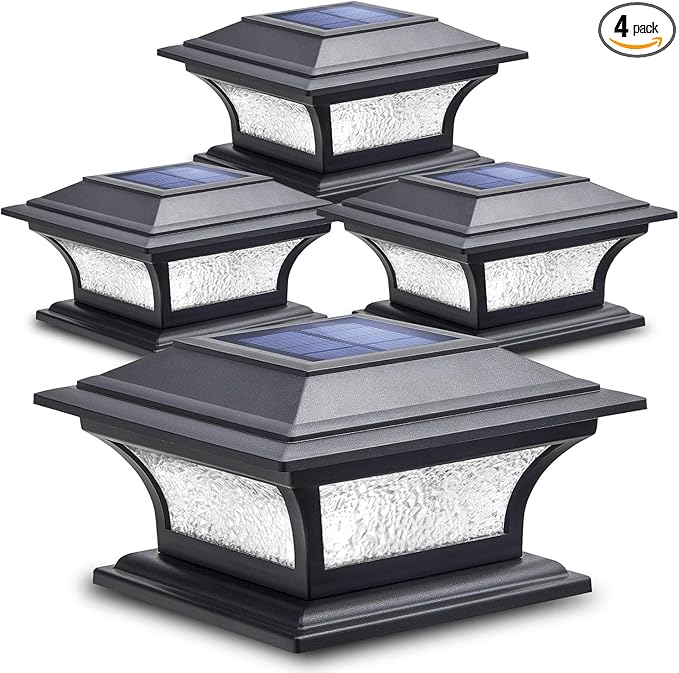 SIEDiNLAR Solar Post Lights Outdoor Glass LED Fence Cap Light 2 Modes for 4x4 5x5 6x6 Posts Deck Patio Garden Decoration Warm White/Cool White Lighting Black (4 Pack)
