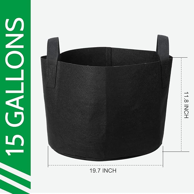 JERIA 12-Pack 15 Gallon, Vegetable/Flower/Plant Grow Bags, Aeration Fabric Pots with Handles (Black), Come with 12 Pcs Plant Labels