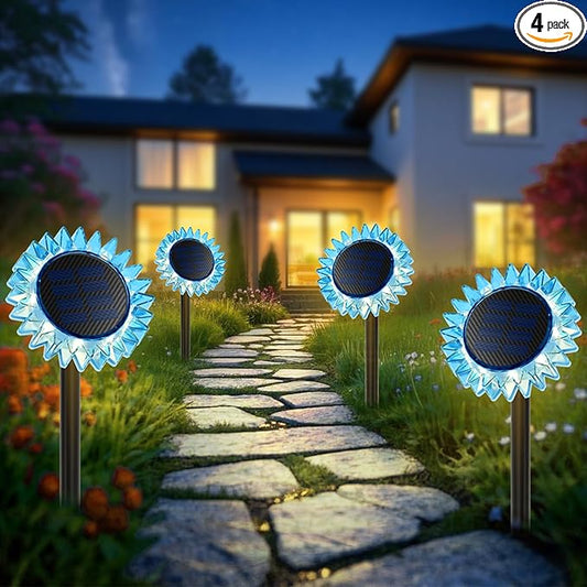 Outdoor Solar Lights, 4 Pack Led Solar Sunflower Lights, Stake/Wall 2-in-1 Waterproof Solar Garden Lights for Yard, Landscape, Fence, Patio, Driveway, Pathway, Backyard Decoration (Warm White)