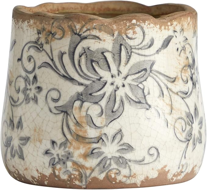 Nearly Natural 4.5in. Tuscan Ceramic Gray Scroll Planter, White