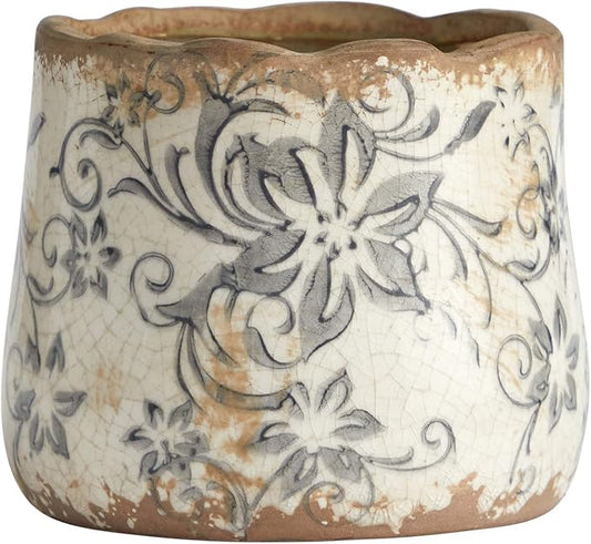 Nearly Natural 4.5in. Tuscan Ceramic Gray Scroll Planter, White