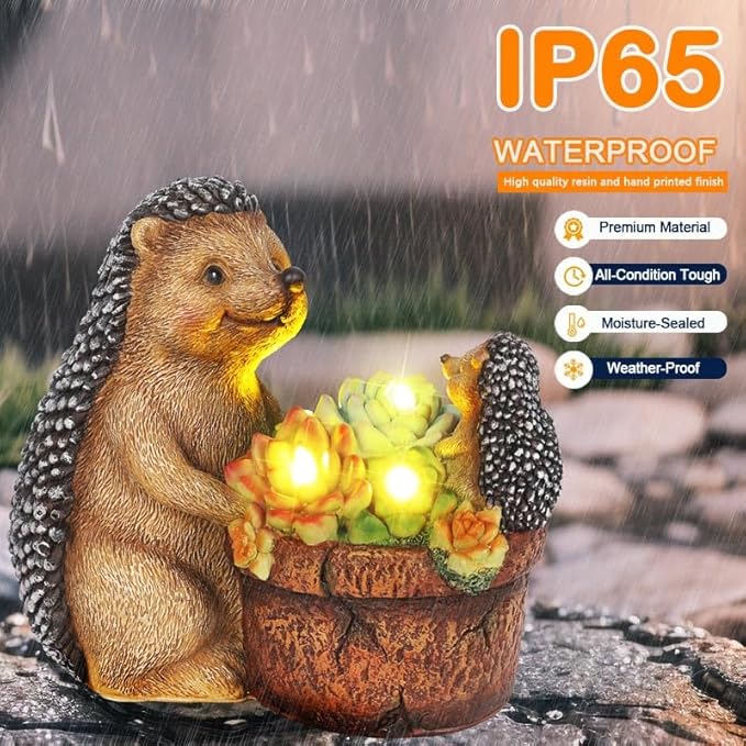 Succulent Hedgehog Garden Statues with Solar Outdoor Lights for Garden Decor, Animal Figurines Resin Outdoor Statues, Garden Gifts for Women Mom Lawn Ornaments for Patio Yard Decor