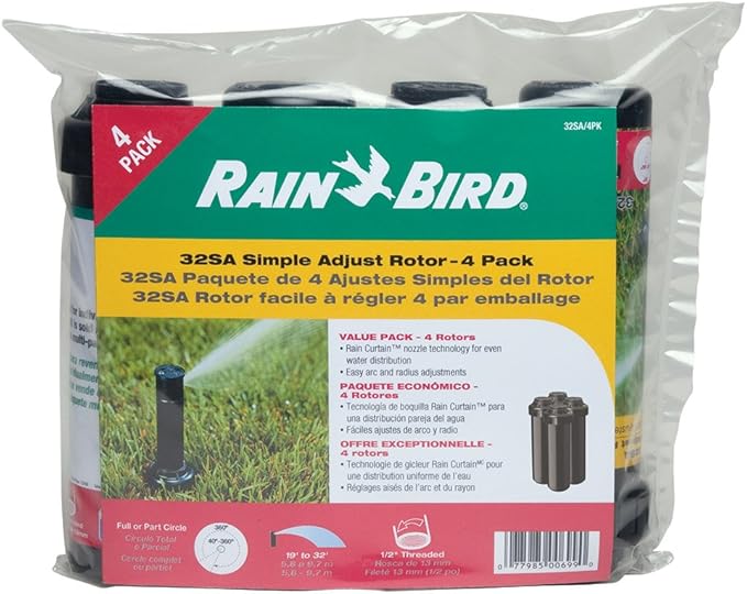 Rain Bird 32SA/4PKS Simple Adjust 32SA Gear Drive Rotor, Adjustable 40° - 360° Pattern, 19' - 32' Spray Distance, 4-Pack