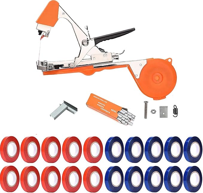 Plant Tying Machine Tool,Vegetable Gardening Tools with 10000pcs Staples 20 Rolls Tape and Replacement Blade for Grapes,Raspberries,Tomatoes,and Vining Gardening Tying Tool(Orange)
