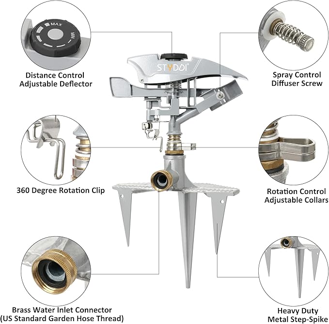 STYDDI Professional Heavy Duty Pulsating Sprinkler on Metal 3-Pronged Step Spike, Metal Pro Adjustable Circular Sprinkler for Large to Extra Large Yard, Areas, Lawn, Coverage up to 8500 Sq.FT