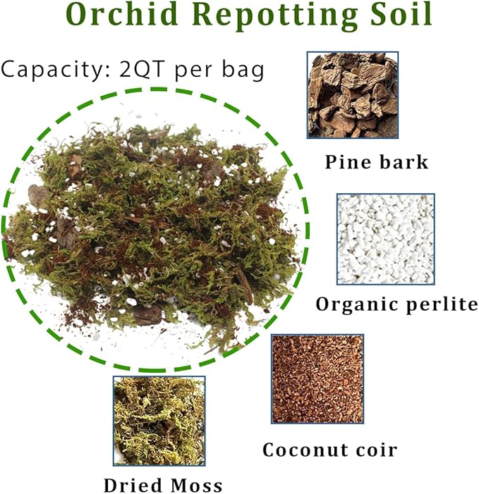2QT Orchid Potting Mix with Moss Pine Bark Mulch Perlite & Coco Peat Natural Ingredients, Orchid Repotting Soil Medium Great for Indoor Plant Root Climbing & Expanding