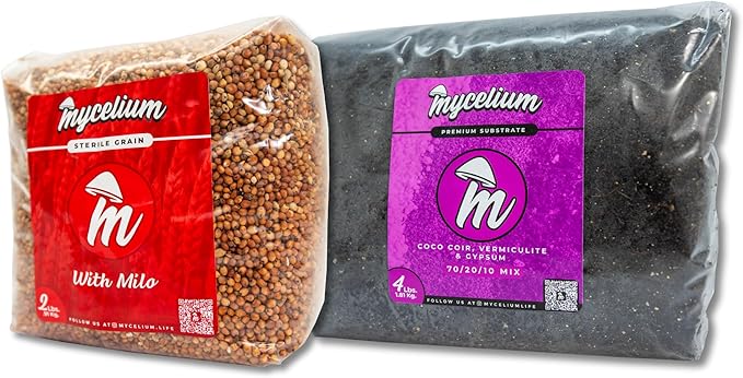 Mycelium's Dung-Loving Mushroom Monotub Bundle - 4LB Substrate & 2LB Milo Grain | Expertly Prepared for Peak Mycelium Growth | Nutrient-Dense for Home Growers | Sterilized Bags for Beginners & Pros