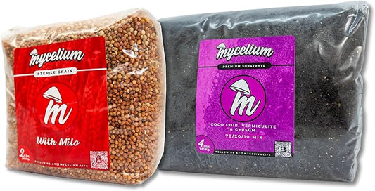 Mycelium's Dung-Loving Mushroom Monotub Bundle - 4LB Substrate & 2LB Milo Grain | Expertly Prepared for Peak Mycelium Growth | Nutrient-Dense for Home Growers | Sterilized Bags for Beginners & Pros