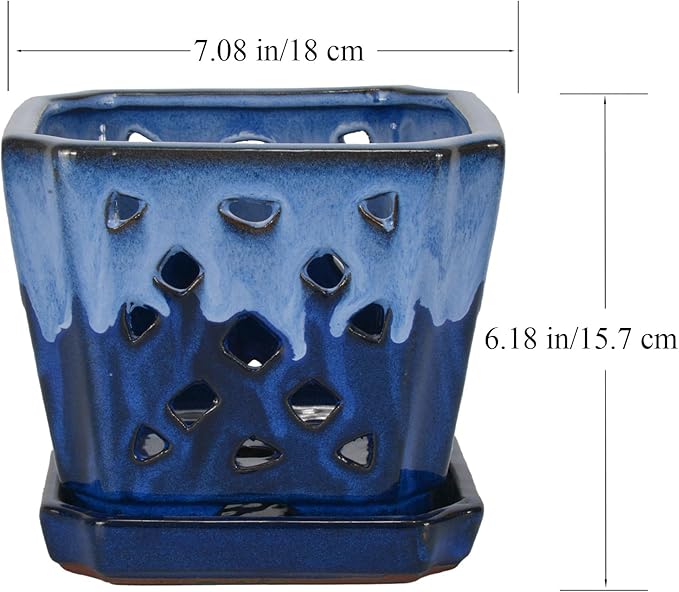 W&W Orchid Pot with Holes and Saucer for Repotting and Better Grow, White and Blue, 7 Inches