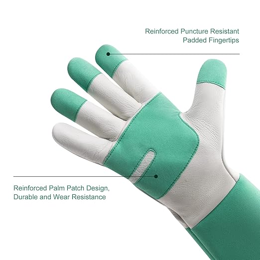 HLDD HANDLANDY Gardening Gloves for Women & Men, Leather Long Sleeve Rose Pruning Gloves, Thorn Proof Garden Work Gauntlet Animal Handling Gloves (Small, Green)