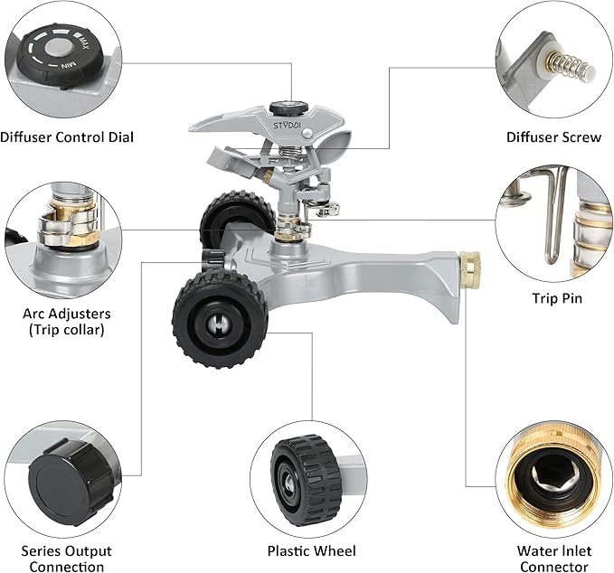 STYDDI Metal Pulsating Sprinkler on in-Series Metal Wheeled Base, Adjustable Circular Water Sprinkler for Medium to Large Circular Lawn, Yard, Garden and Large Areas, Coverage up to 6,360 Sq. ft