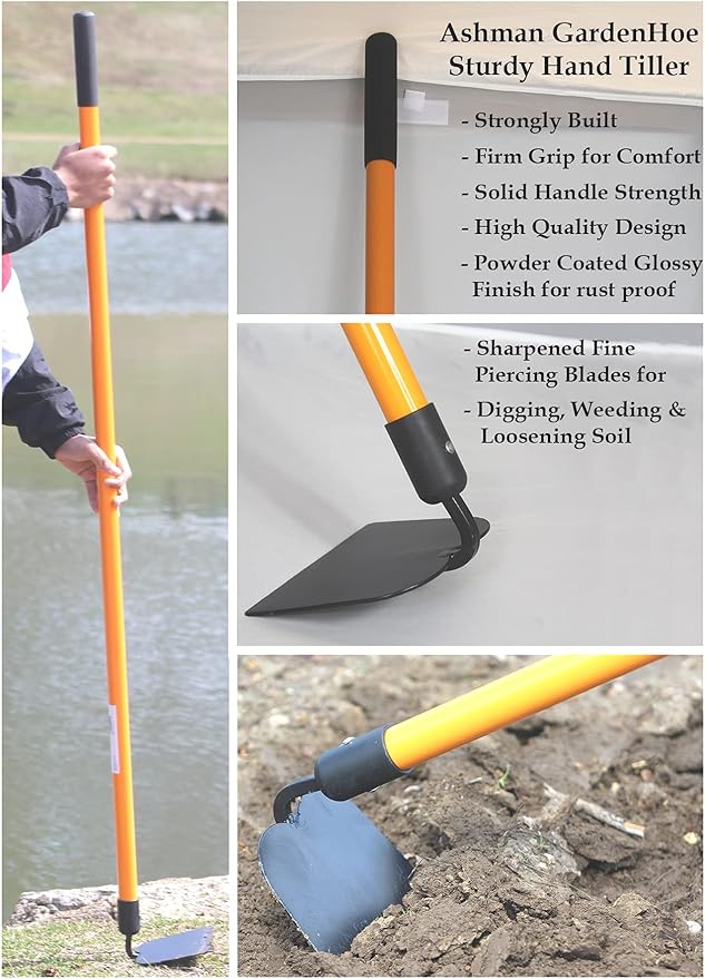 Ashman Garden Hoe (1 Pack)– Sturdy Hand Tiller – Heavy Duty Blade for Digging, Loosening Soil, and Weeding – Rubber Grip Handle for a Strong Hold – Rust Resistant Build.