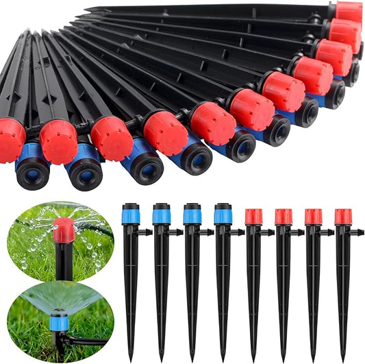 32 Pcs Drip Irrigation Emitters Drip Emitters for 1/4 Inch Tubing Irrigation Drippers Sprayer Adjustable 360 Degree Water Flow Drip for Garden Lawn Flower Bed Irrigation System (Red and Blue)