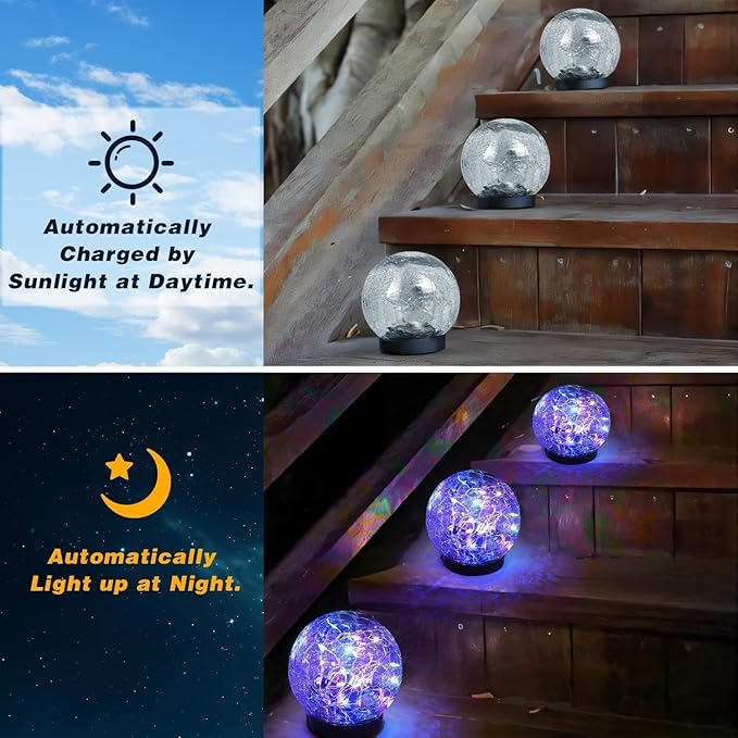 Solar Garden Lights Outdoor Waterproof, 4 Pack Cracked Glass Ball Light, Ground Landscape Garden Decor, Solar Globe Decorative for Pathway/Patio/Lawn/Yard (Multicolor, 4.7")