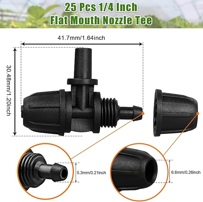 JAYEE Drip Irrigation Fittings 1/4 Inch Tubing to 6mm Flat Mouth, 25 Pcs Locked Barbed Tee Connectors for 1/4" Nozzle Spray Emitter Dripper, 3-Way Tee Drip Line Parts for Drip Sprinkler System, Black