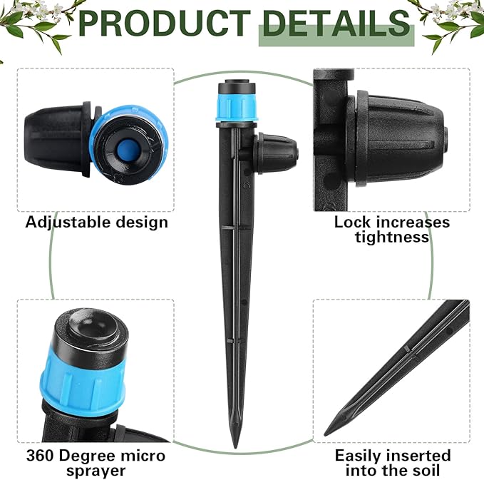 100 Pcs Drip Irrigation Emitters for 1/4" Tubing 50 Micro Irrigation Emitters Sprayer 50 Adjustable 360 Degree Water Flow Drippers for Garden Irrigation System(Red, Blue, Latch)