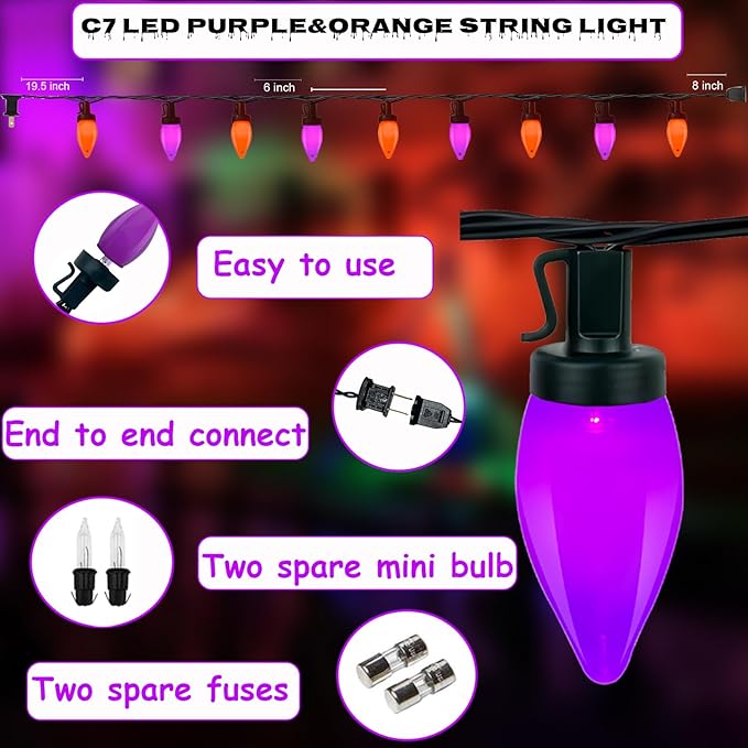 26FT LED Halloween Lights Outdoor, C7 Orange and Purple Halloween Stirng Lights with 50 LED Bulbs, Plug-in Outdoor Halloween Decorations Lights Waterproof for Halloween Patio Outdoor Party Yard Garden