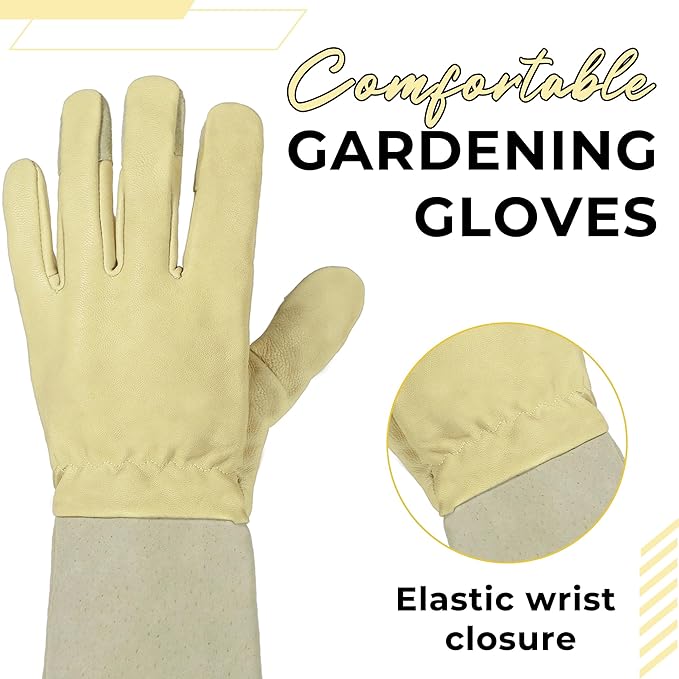 HANDLANDY Pruning Gloves Long for Men & Women, Rose Thorn Proof Gardening Gloves- Gardening Gifts for Gardeners (Beige- goatskin, Medium (Pack of 1))