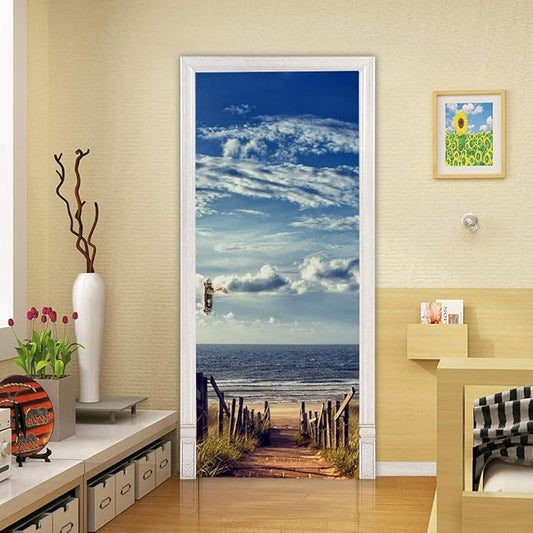 3D Door Wallpaper Self-Adhesive Door Poster - Road to The Beach - Door Film Photo Wallpaper Premium PVC Waterproof Door Sticker Wall Sticker for Bedroom Living Room Door Decoration Stickers 88 x 200
