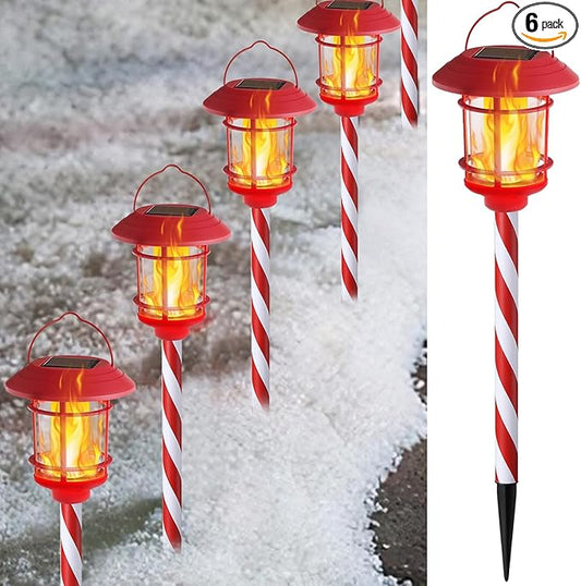 Dynaming 6 Pack Christmas Solar Flame Garden Lights Outdoor, Dual Use Flickering Flame Torch Candy Cane Pathway Marker, Xmas Hanging Lantern Lights, Waterproof & Auto On/Off for Patio Walkway Driveway