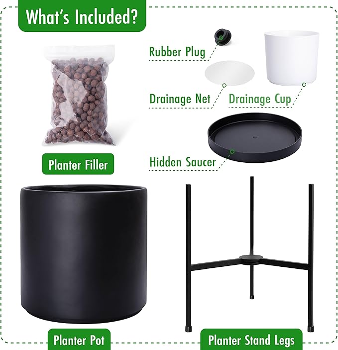 D'vine Dev Modern Black Plants Pot Cylinder Planter with Heavy Duty Stand, X-Large 14 Inch Pot, 19.6 Inch with Stand Height, 96-T-B-4