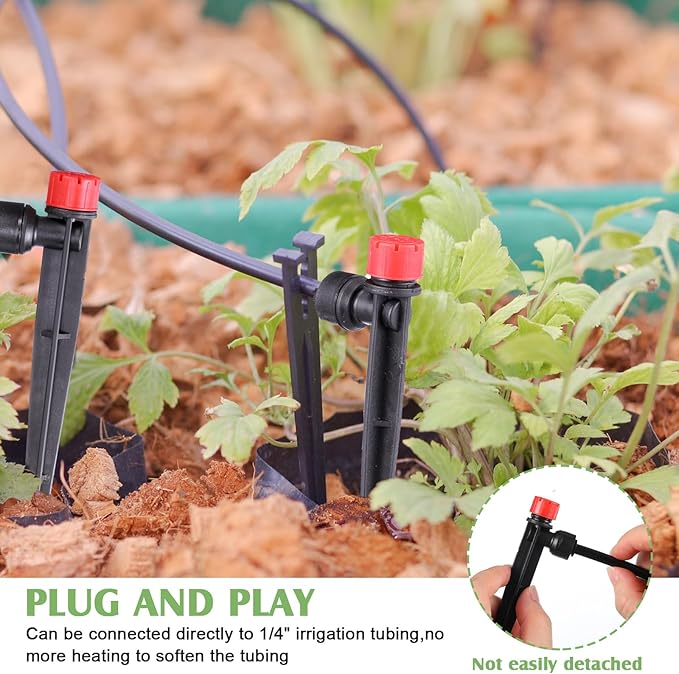 100 Pcs Drip Irrigation Emitters for 1/4'' Irrigation Tubing Adjustable Water Flow Drip Emitters with Stake Drip Irrigation System Irrigation Drippers with 360 Degree Sprayer for Garden Patio