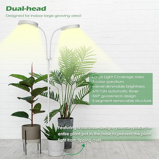 Grow Light, 2-Head LED Floor Plant Growing Lamp, Full Spectrum Plant Light for Indoor Plants, Extended&Built-in Power Cord, Automatic On/Off Timer, 6-Level Dimming, Adjustable Height of 63 in
