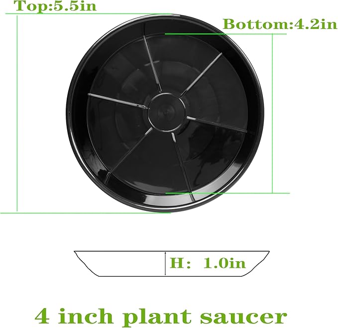 6 Pack Plant Saucer Drip Tray, 4 5 6 8 9 10 12 14 16 18 inch, Heavy Sturdy Plastic Planter Flower Pot Saucers for Indoor Outdoor Garden, Plant Water Drip Trays for pots Base (4", Black)