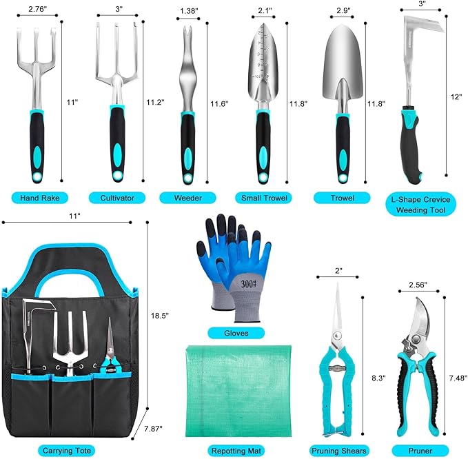 Garden Tool Set with Non Slip Rubber Grip,11 Piece Stainless Steel Gardening Tool Sets,Heavy Duty Outdoor Hand Tools Kit,Durable Tote Bag,Repotting mat,Uprooting Weeding Tool,Ideal Gifts for Women Men