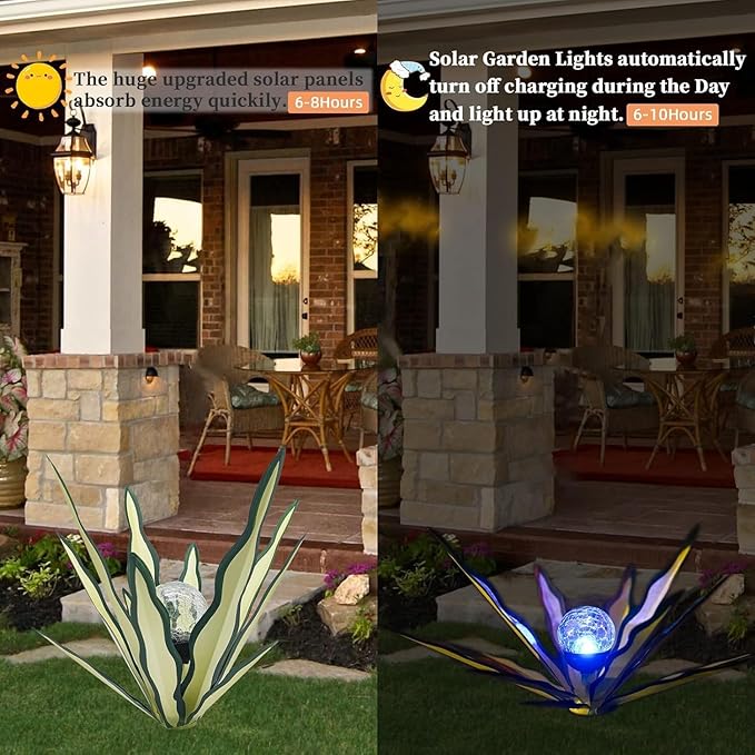 Metal Agave Plant Garden Art, 2 Pack Tequila Rustic Sculpture, Rustic Metal Agave Plants Garden Lawn Home Ornaments, for Yard Stakes, Garden Figurines, Outdoor Patio (2 PCS Green with Light)