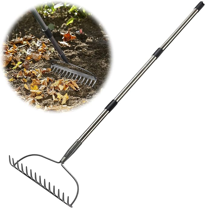 Rake for Leaves, Garden Bow Rake Heavy Duty, 48 in Leaf Rake for Lawns, Back-Saving Metal Rake with 14 Tines Rake Head, Yard Gardening Tools for Loosen Soil, Clear Gravel Grass Rock, Level Mulch