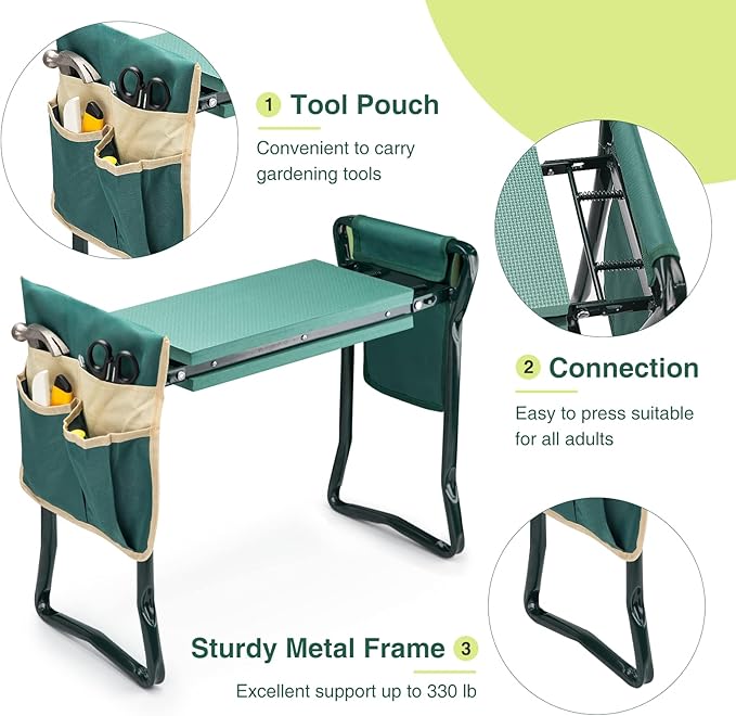 WISYOK Garden Kneeler and Seat, Heavy Duty Gardening Bench with 2 Tool Pouches, Widen EVA Foam Pad, Foldable Garden Stool to Prevent Knee & Back Pain