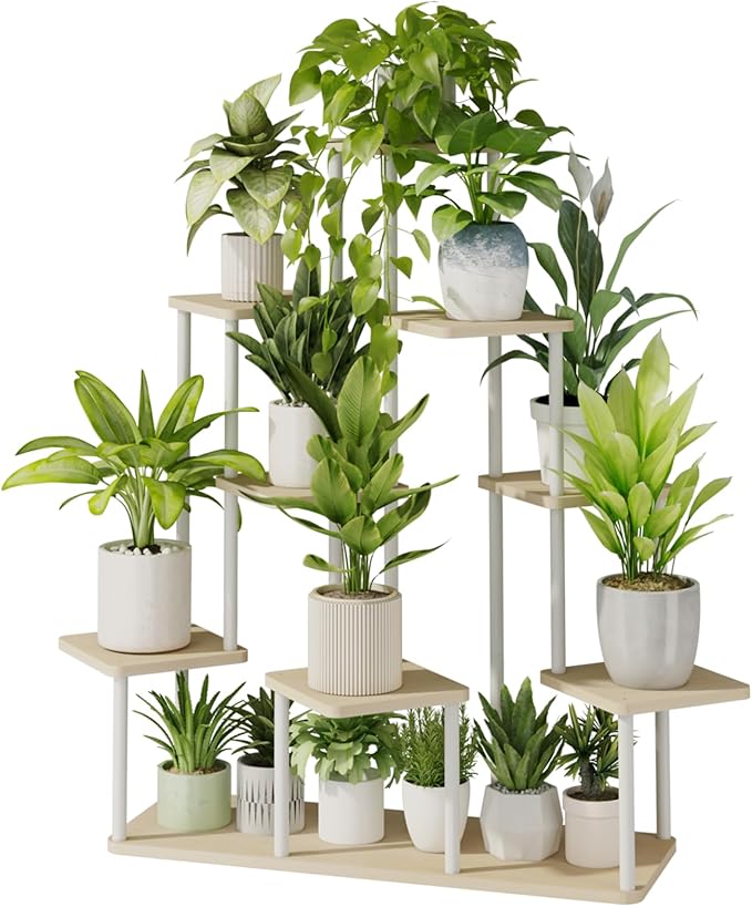 Bamworld Large Plant Stand Indoor, 9 Tier Tall Metal Plant Shelf for Multiple Plants, Tiered Flower Stand for Patio Garden Balcony Living Room Bedroom(White)